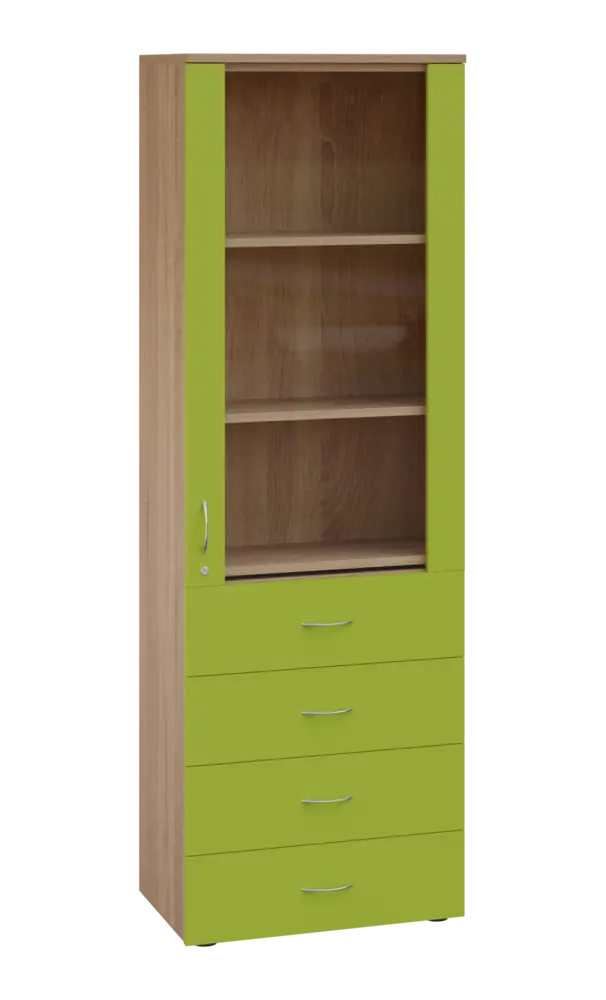 LE - 64 skříň léková prosklená, pravá, korpus dub bardolino, dvířka jarní zeleň